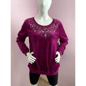 Y2K Women Velour Sweatshirt Pull-on Pants LARGE Three Hearts Embellished